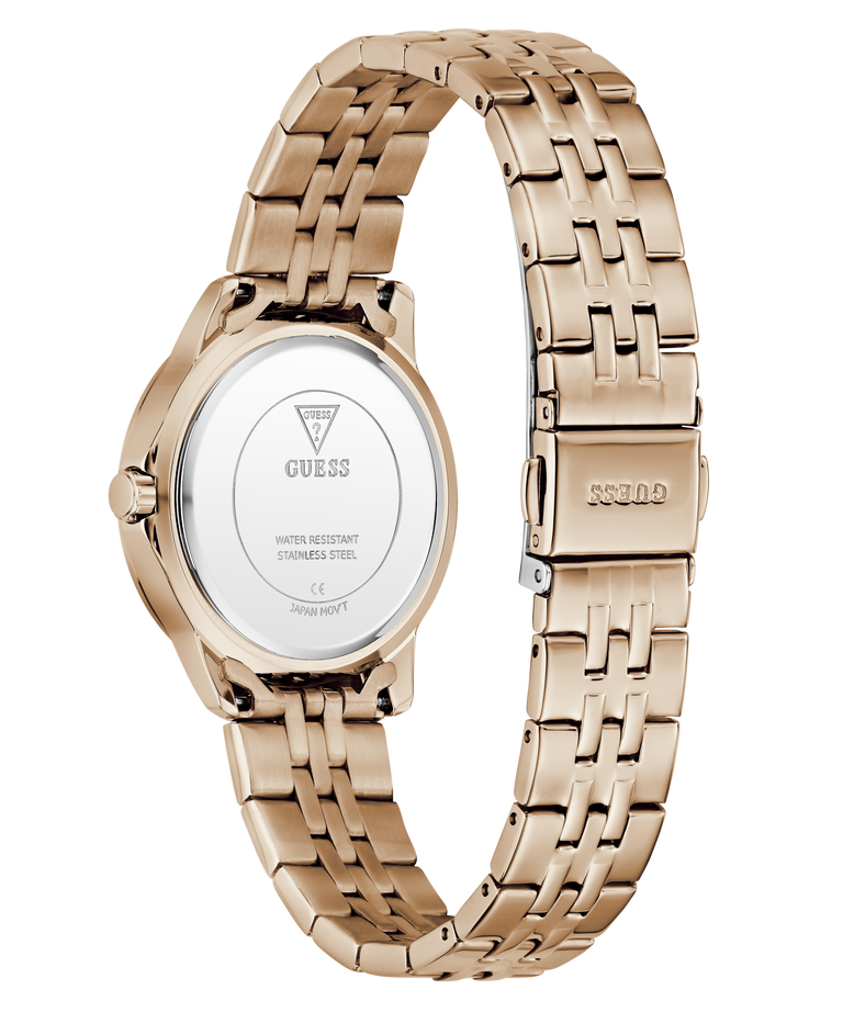 Rose gold watch with a white face on a white background