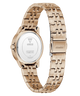 Rose gold watch with a white face on a white background
