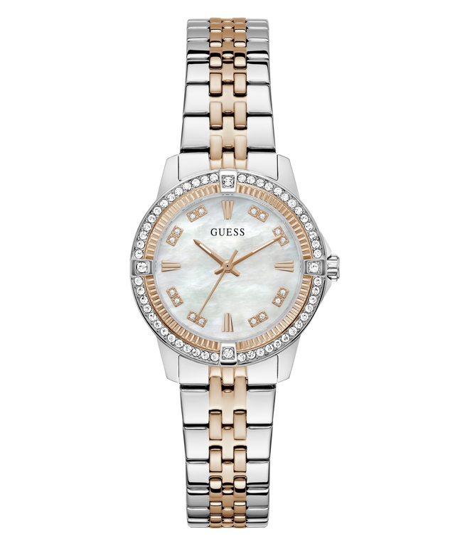 Two-tone Guess watch with a white face on a white background