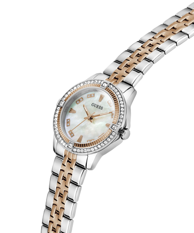 Two-tone watch with a silver and rose gold band on a white background lifestyle