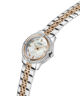 Two-tone watch with a silver and rose gold band on a white background lifestyle