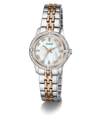 Two-tone Guess watch with silver and rose gold band on a white background