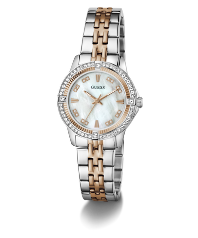 Two-tone Guess watch with silver and rose gold band on a white background