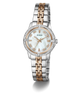 Two-tone Guess watch with silver and rose gold band on a white background