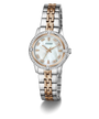 Two-tone Guess watch with silver and rose gold band on a white background