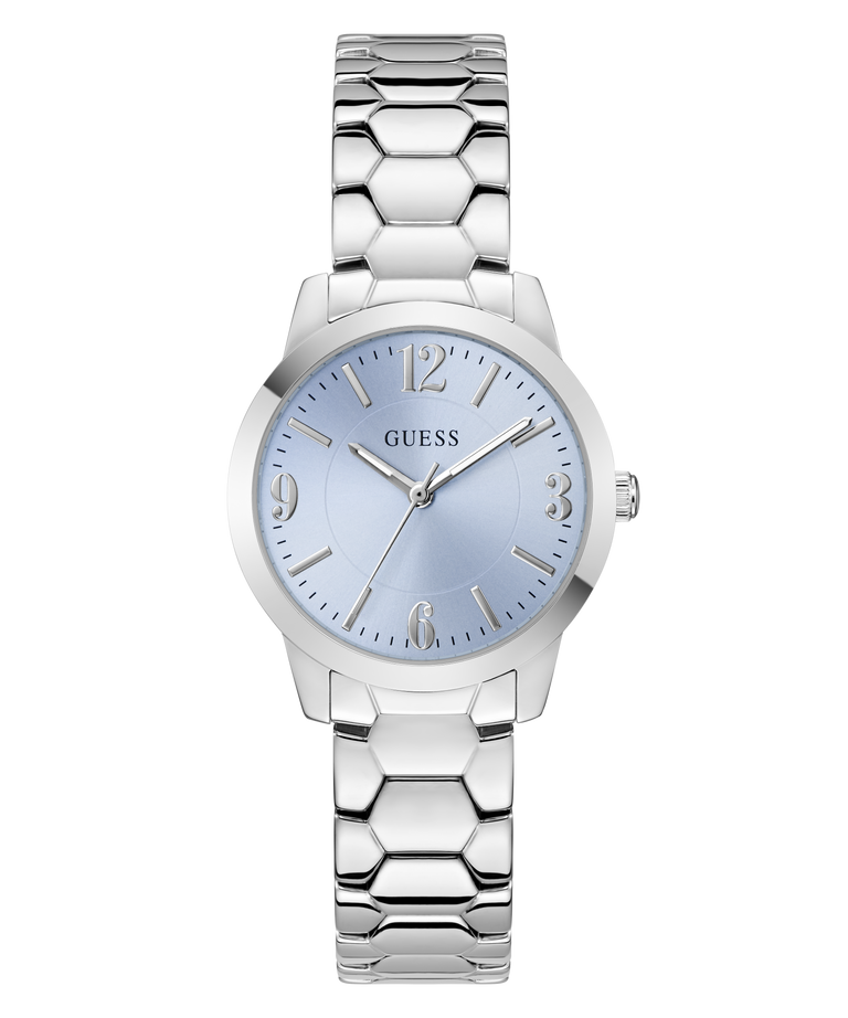 Silver watch with a light blue face on a white background
