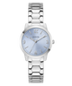 Silver watch with a light blue face on a white background