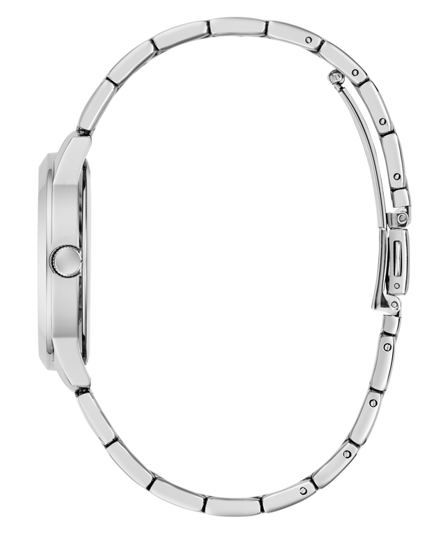 Close-up of a silver watch band on a white background