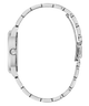 Close-up of a silver watch band on a white background
