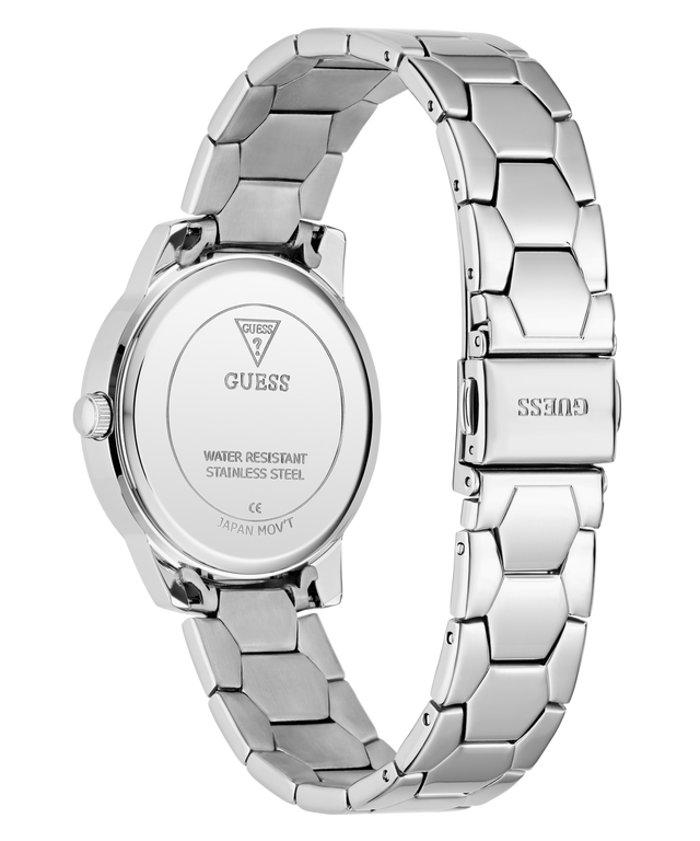 Silver Guess watch with a detailed band on a white background