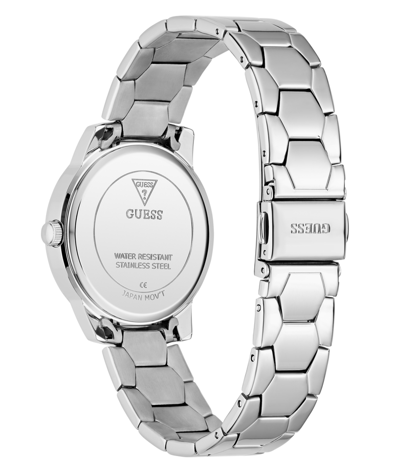 Silver Guess watch with a detailed band on a white background