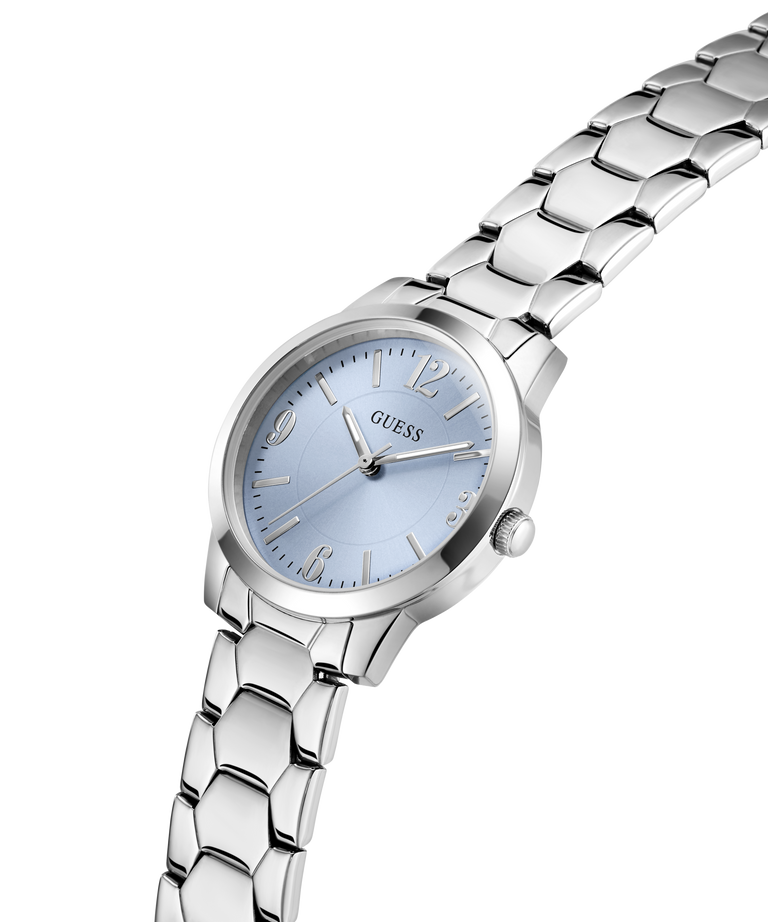 Silver Guess watch with a light blue face on a white background lifestyle
