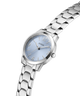 Silver Guess watch with a light blue face on a white background lifestyle