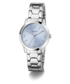 Silver watch with a light blue face on a white background