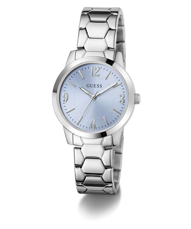Silver watch with a light blue face on a white background