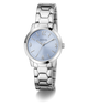 Silver watch with a light blue face on a white background
