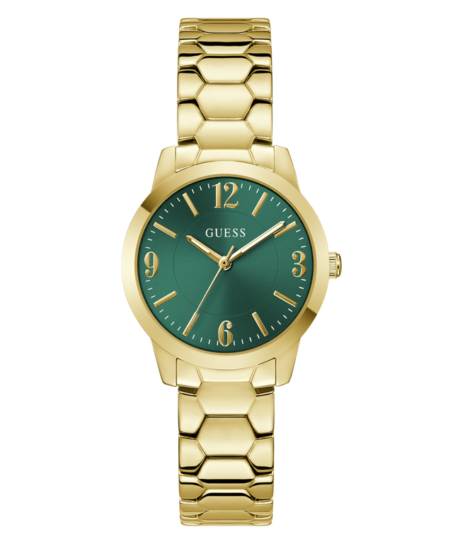 Gold watch with green dial on a white background