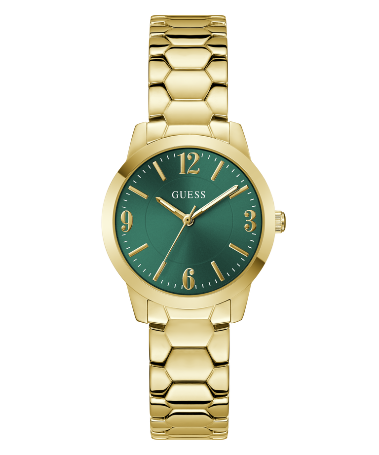 Gold watch with green dial on a white background