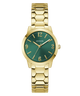 Gold watch with green dial on a white background