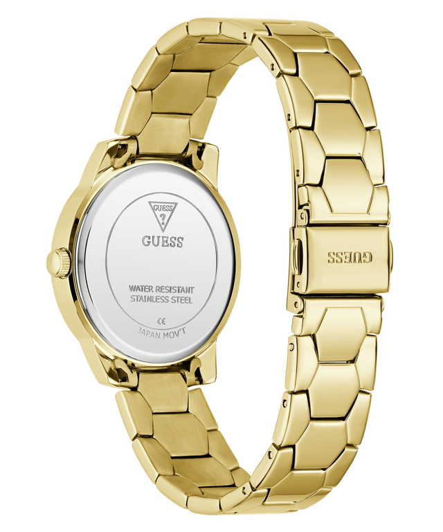 Gold watch with a visible brand logo on a white background