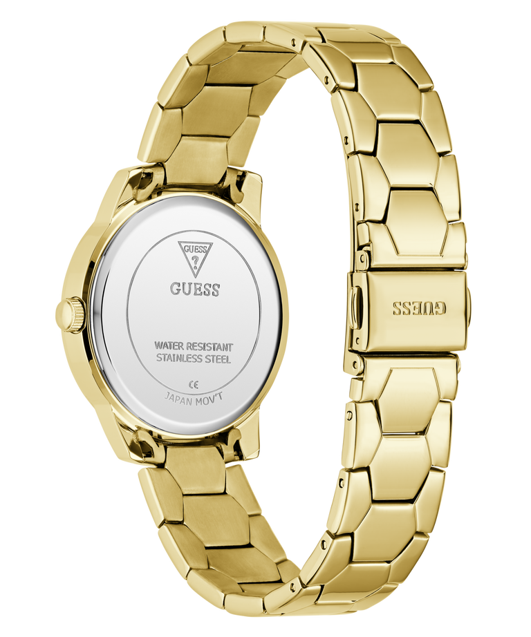 Gold watch with a visible brand logo on a white background
