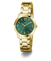 Gold watch with a green dial on a white background