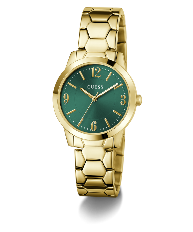 Gold watch with a green dial on a white background