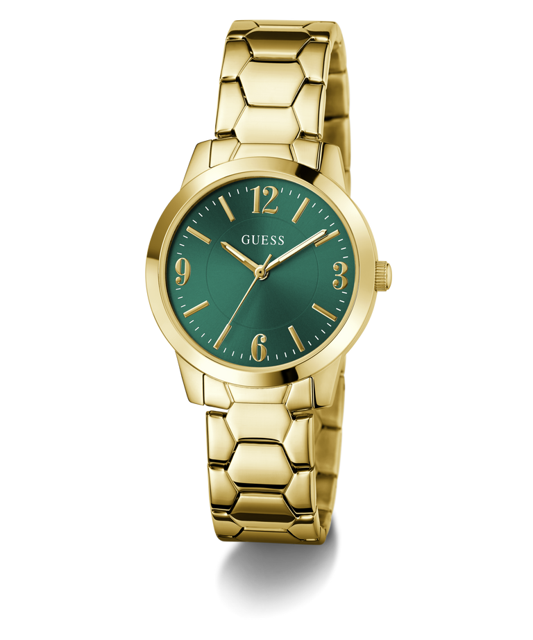 Gold watch with a green dial on a white background