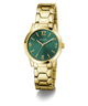 Gold watch with a green dial on a white background