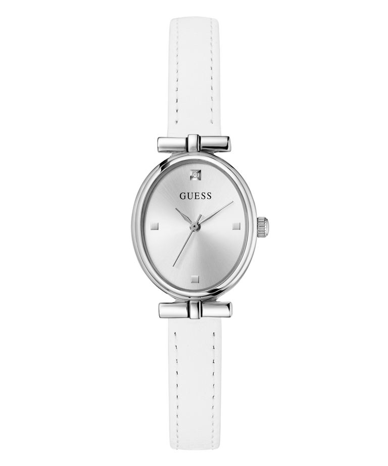 White watch with silver case and strap on a white background