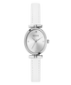 White watch with silver case and strap on a white background