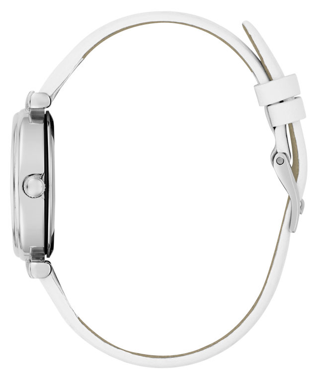 Close-up of a silver watch with a white strap on a white background