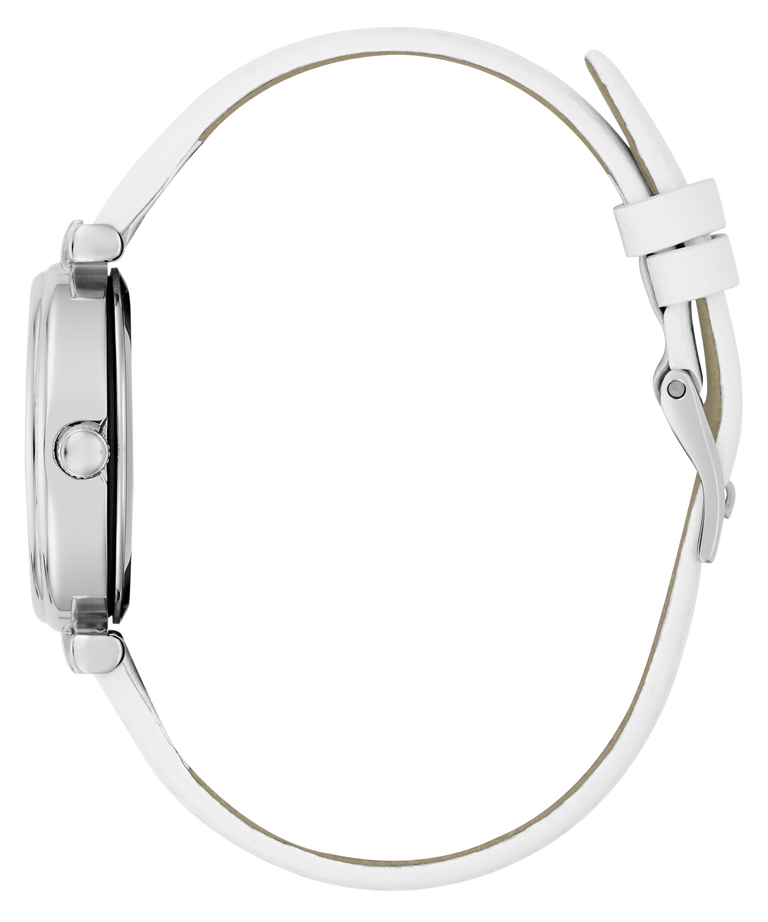 Close-up of a silver watch with a white strap on a white background