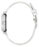 Close-up of a silver watch with a white strap on a white background