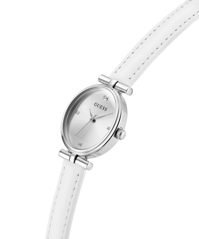 White watch with silver case and Guess logo on a white background lifestyle