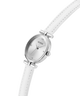 White watch with silver case and Guess logo on a white background lifestyle
