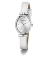 White watch with silver case and strap on a white background