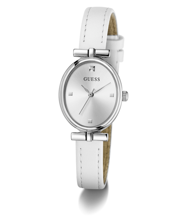 White watch with silver case and strap on a white background