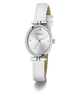 White watch with silver case and strap on a white background