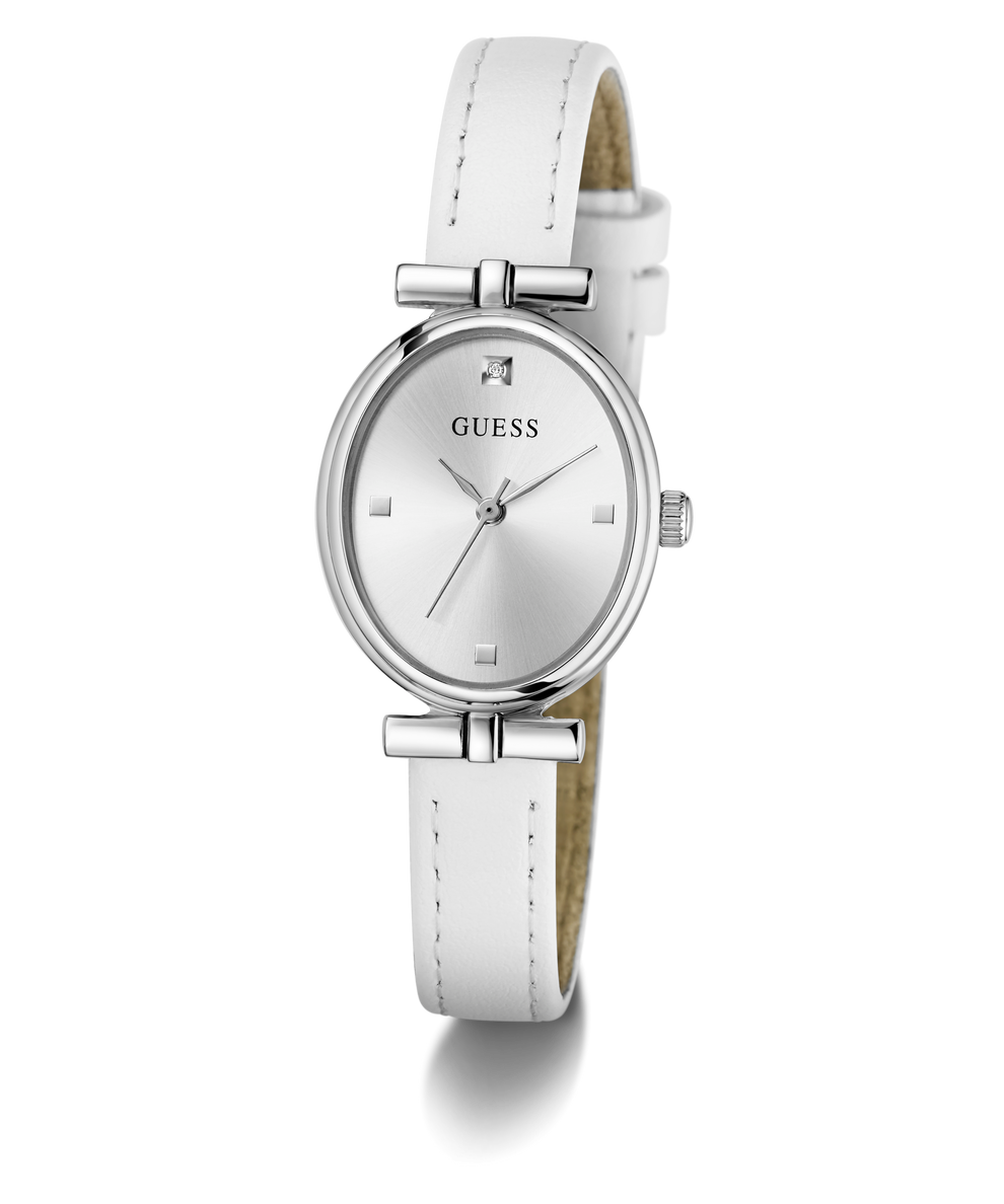 White watch with silver case and strap on a white background
