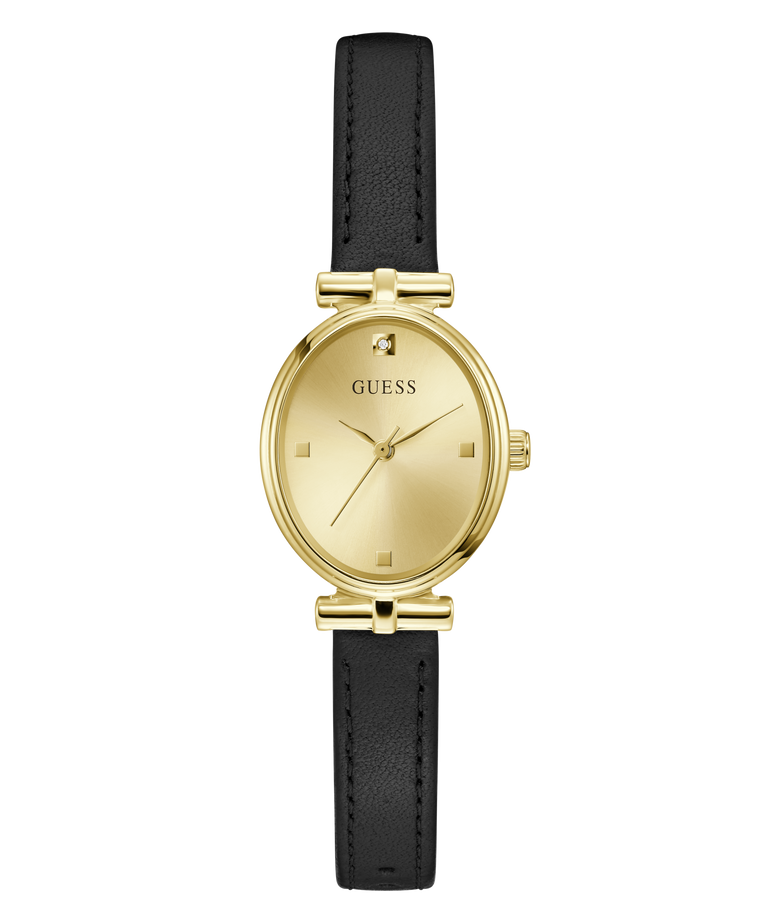 Gold watch with black strap on a white background
