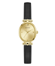 Gold watch with black strap on a white background