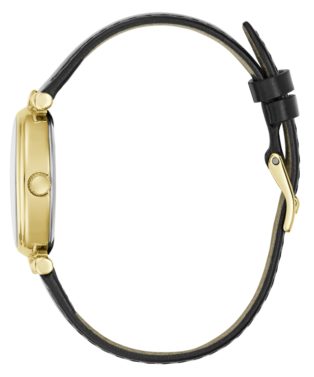 Gold watch with black leather strap on a white background