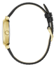 Gold watch with black leather strap on a white background