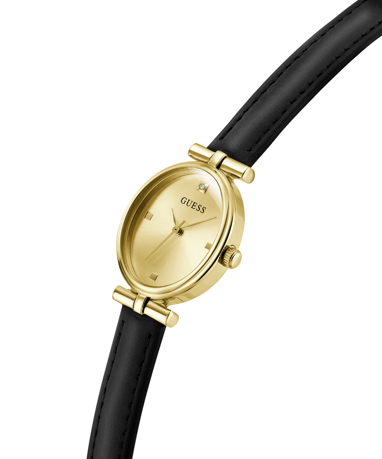 Gold and black watch with Guess logo on a white background lifestyle