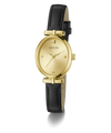 Gold watch with black leather strap on a white background