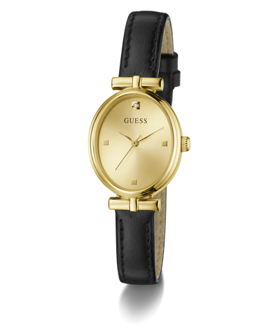 Gold watch with black leather strap on a white background