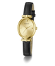 Gold watch with black leather strap on a white background