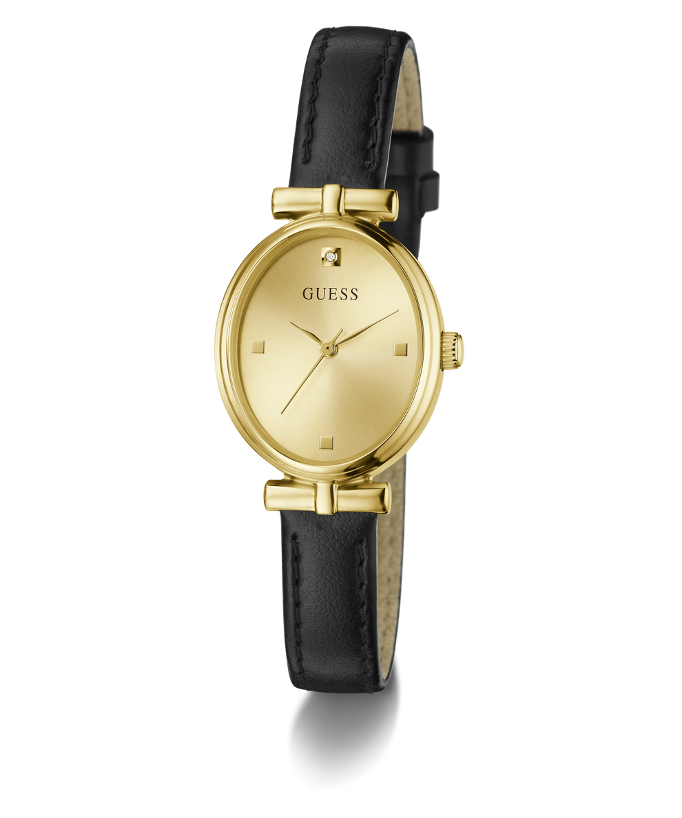Gold watch with black leather strap on a white background