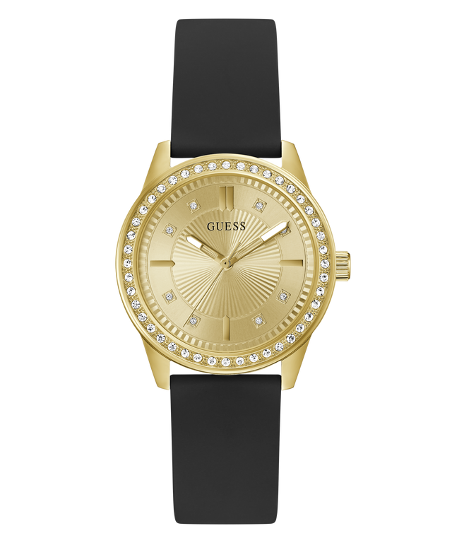 Gold watch with black strap on a white background
